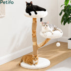 Three cats relaxing on a modern flower-shaped cat tree featuring plush platforms and natural wood branches.