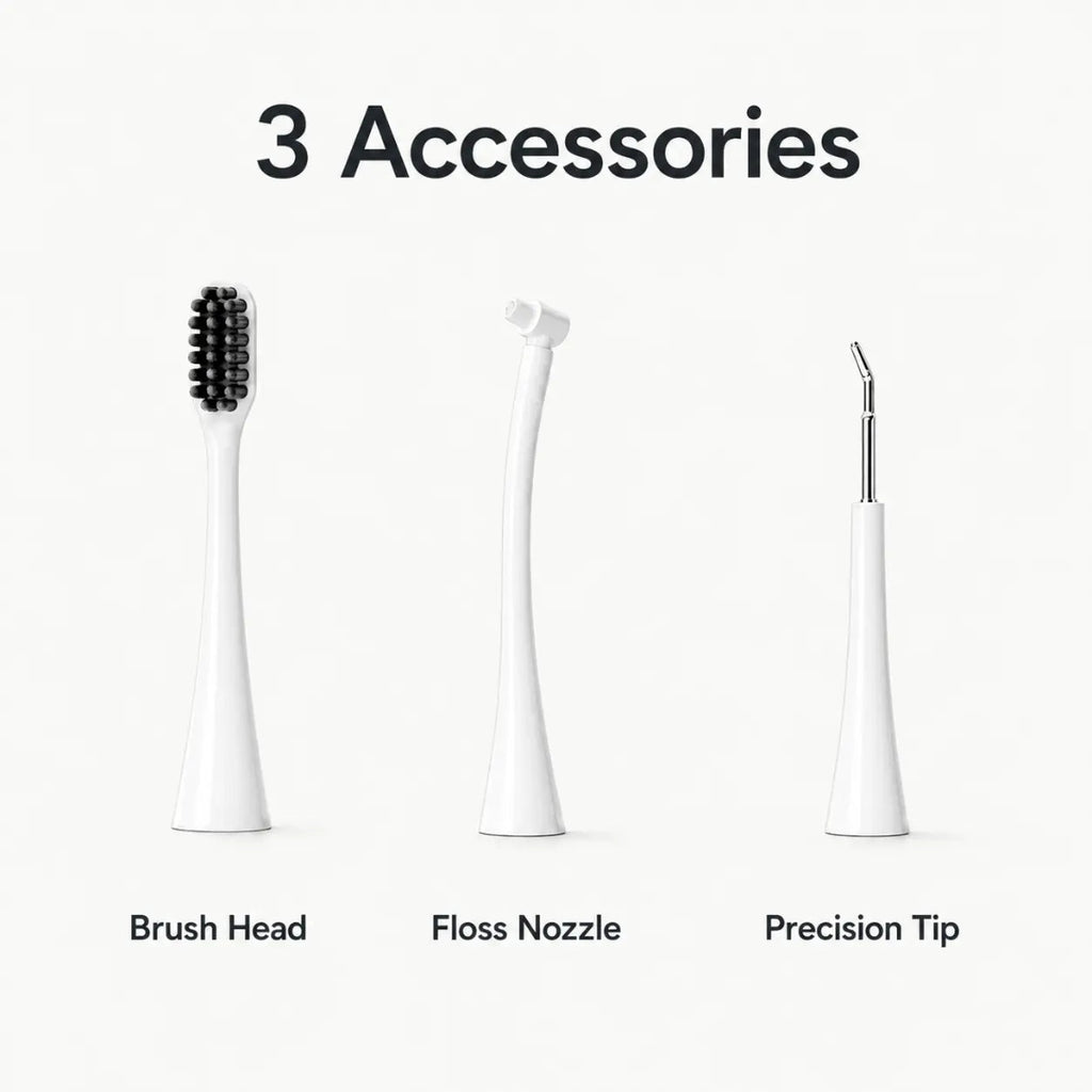 Infographic displaying three electric pet toothbrush accessories: a brush head, floss nozzle, and precision tip.