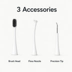 Infographic displaying three electric pet toothbrush accessories: a brush head, floss nozzle, and precision tip.