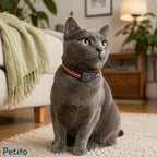 Grey cat wearing a tracking collar while sitting on a rug in a living room.
