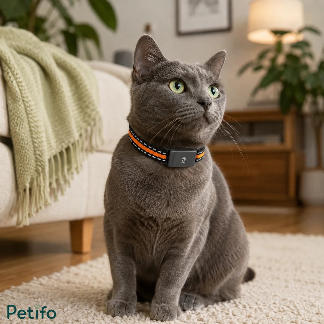 Grey cat wearing a tracking collar while sitting on a rug in a living room.