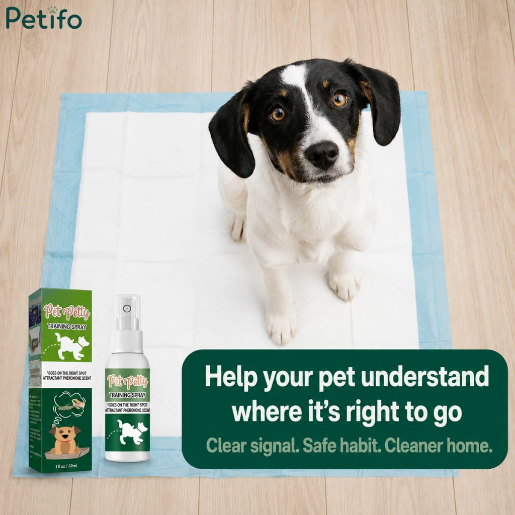 Cute puppy sitting on a training pad next to a bottle of dog potty attractant spray.