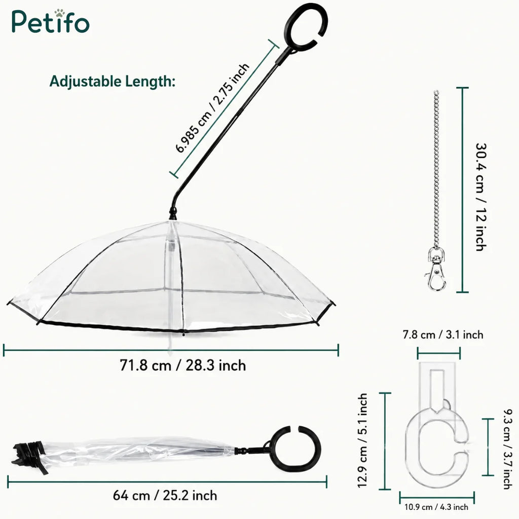 A technical sizing chart displaying the dimensions of the transparent pet umbrella, handle, and chain in centimeters and inches.