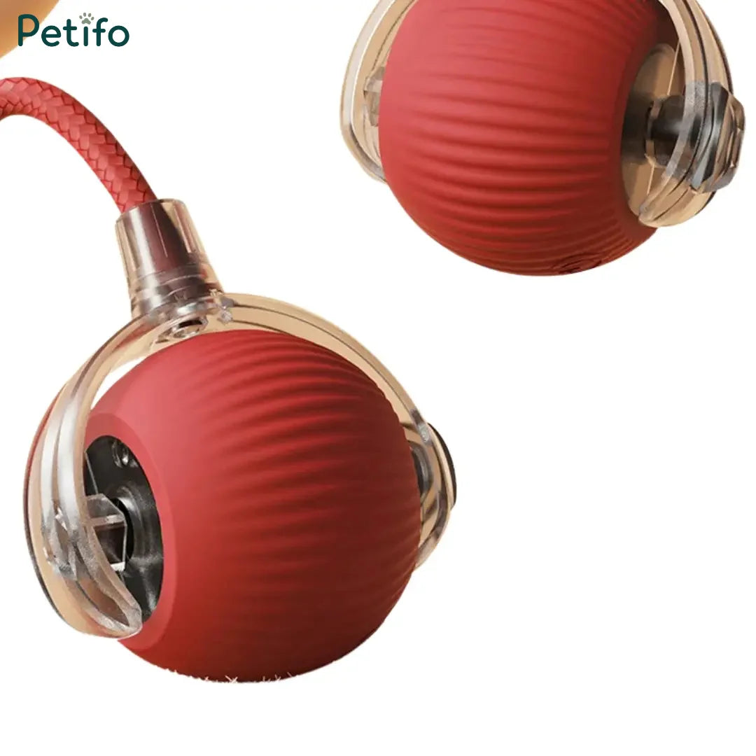 Two angled views of the red motorized rolling ball toy with its protective transparent bracket and string attachment.