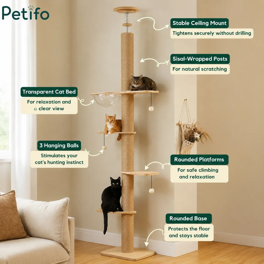 Features overview of the Petifo tall cat climbing tree.