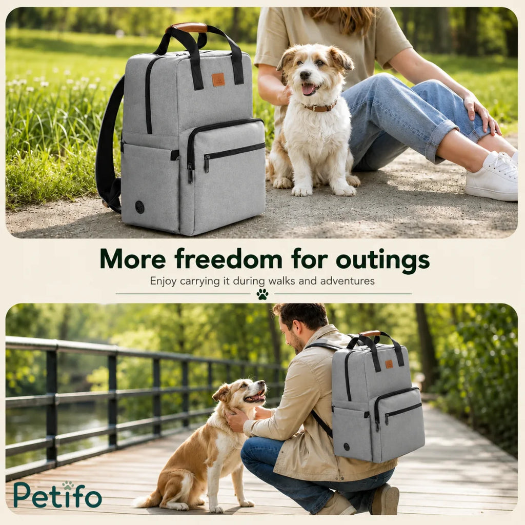 Dog and owner enjoying outdoor walks and adventures with the gray Petifo travel backpack.
