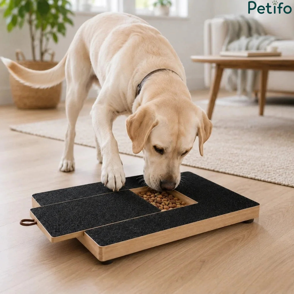 Labrador dog scratching a treat-dispensing scratch board on a wooden floor.