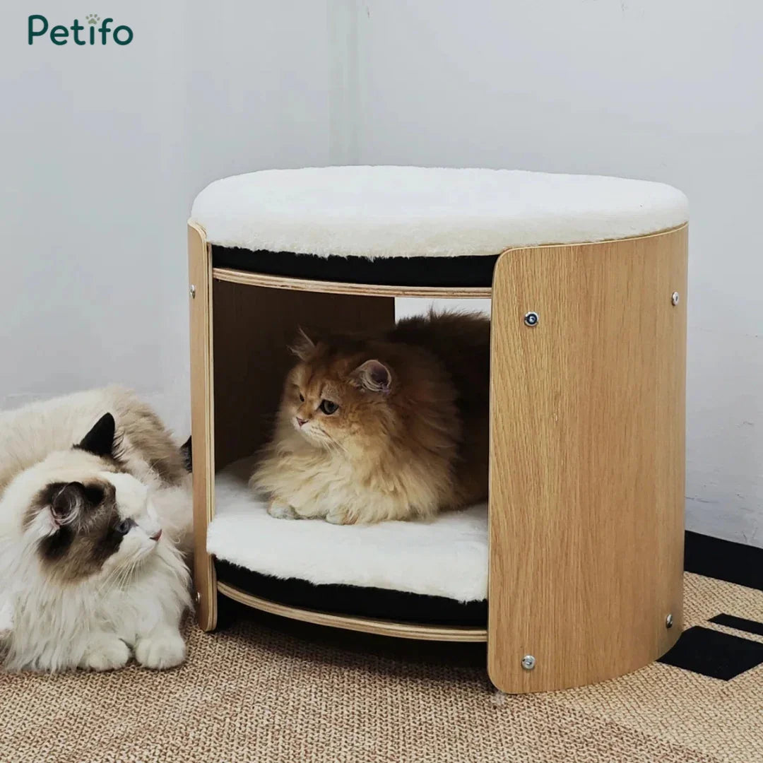 A stylish round two-story cat house with natural wood finish and soft bedding for multiple cats.