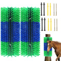 Two green and blue large cylindrical stable scratch brushes alongside their included mounting screws and anchors, featuring a brown horse using a mounted brush on a wooden post.
