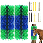 Two green and blue large cylindrical stable scratch brushes alongside their included mounting screws and anchors, featuring a brown horse using a mounted brush on a wooden post.