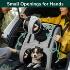 Two people interacting with a puppy through the convenient small hand openings on the sides of the Petifo pet carrier.