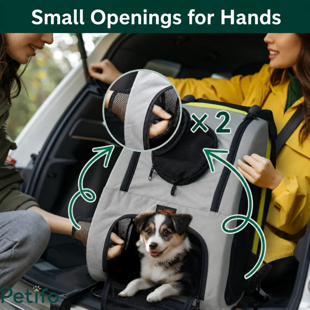 Two people interacting with a puppy through the convenient small hand openings on the sides of the Petifo pet carrier.