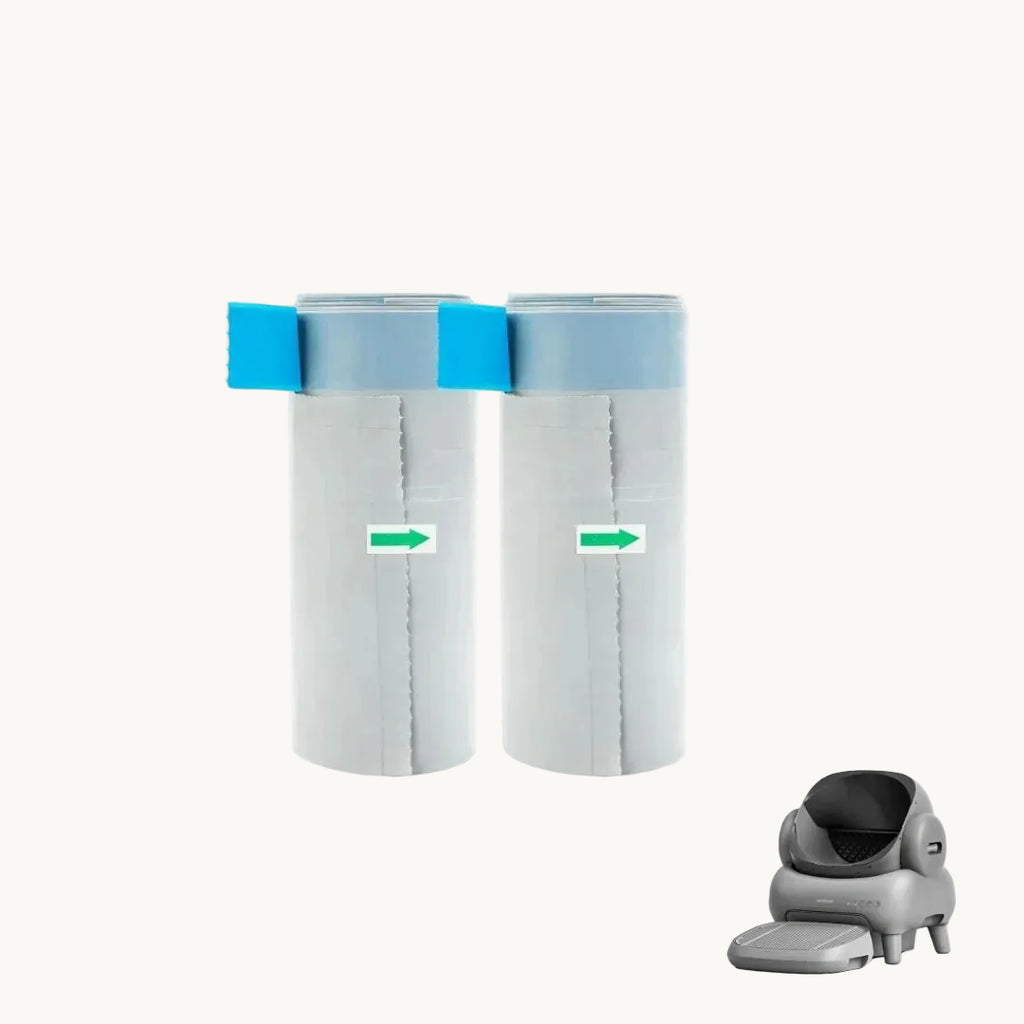 Two rolls of grey Petifo replacement waste bags with blue drawstrings and directional green arrows, shown alongside a miniature model of the Petifo automatic cat litter box.