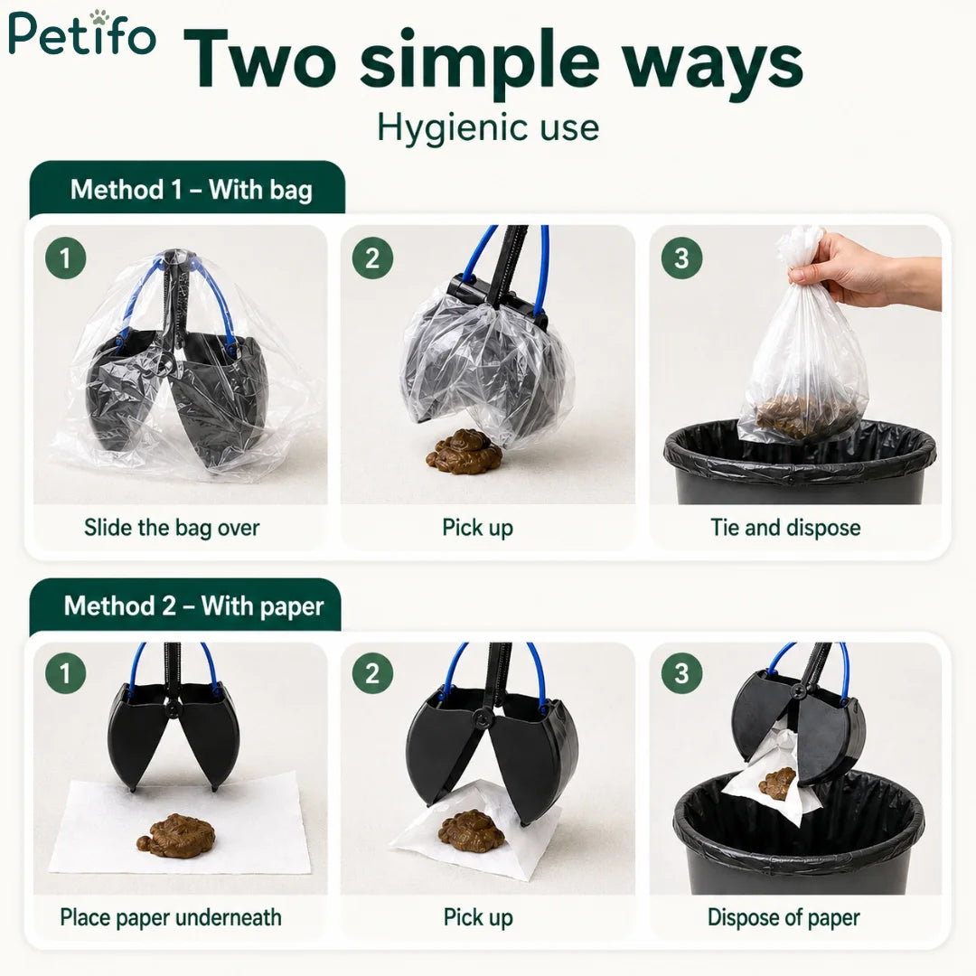 Step-by-step instructional guide illustrating two hygienic usage methods for picking up waste using either a plastic bag or paper.