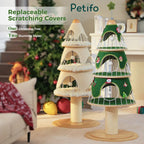 Comparison display showing two versions of a three-tier cat tower featuring replaceable scratching covers in both holiday green and neutral styles.