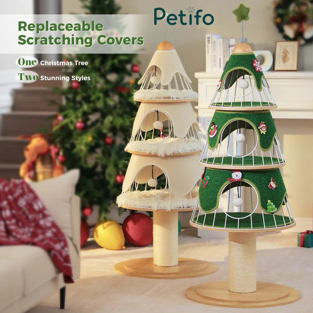 Comparison display showing two versions of a three-tier cat tower featuring replaceable scratching covers in both holiday green and neutral styles.