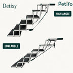 Two views of Detixy pet stairs showing high-angle and low-angle setup configurations for cars.