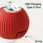 Close-up view of the USB Type-C charging port opening on the red automated cat toy.