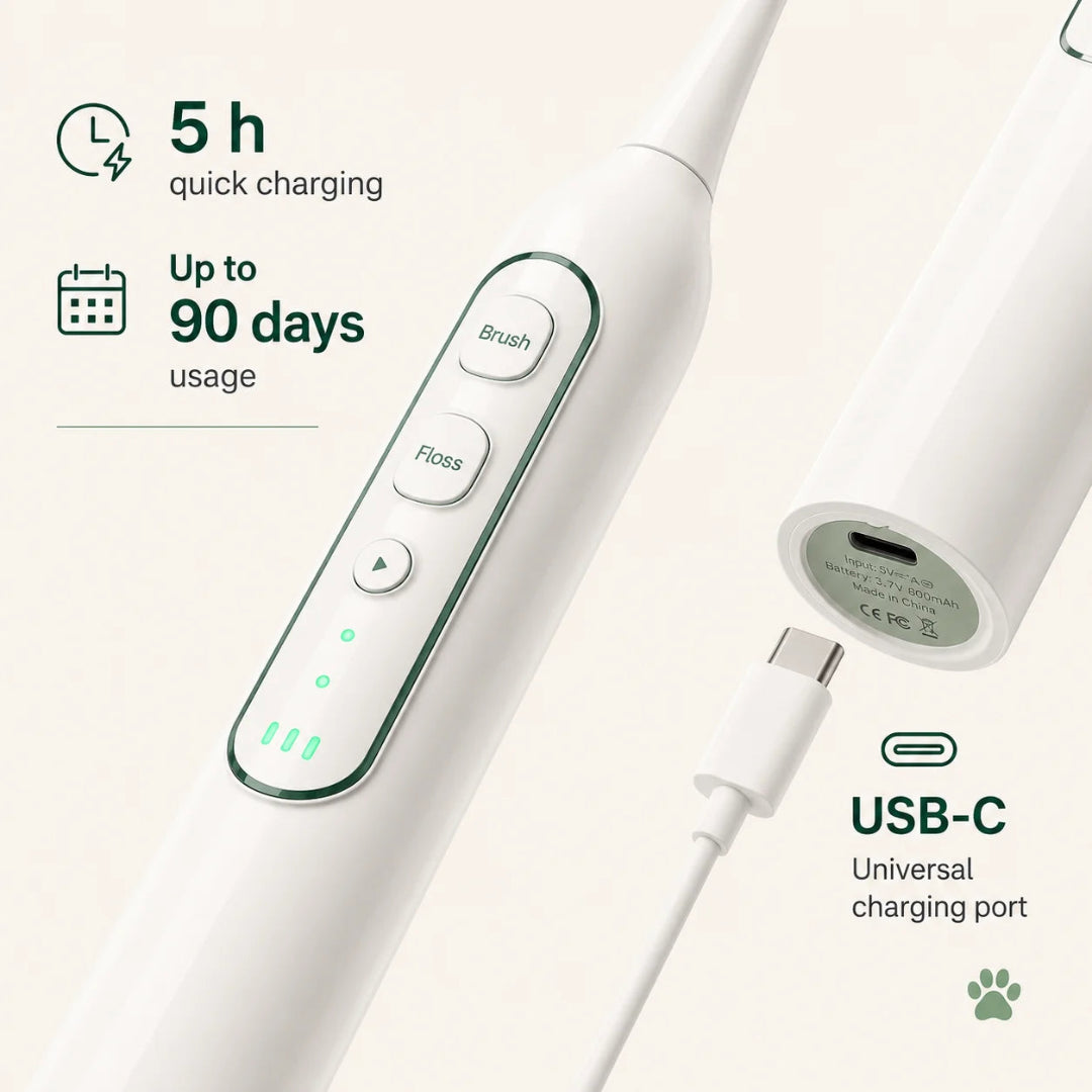 Cordless electric pet toothbrush showing a USB-C quick charging port with up to 90 days of battery life.