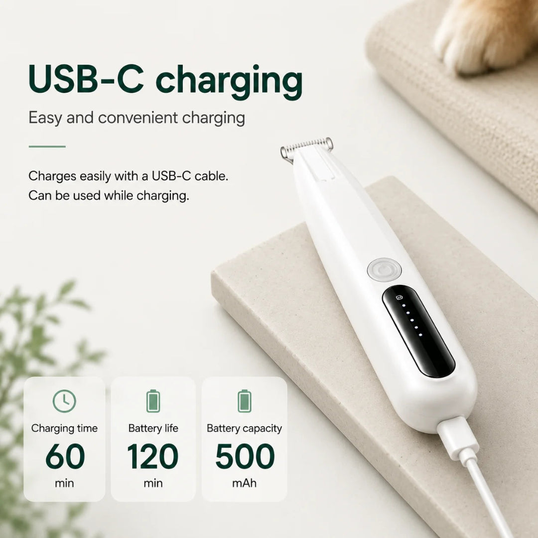 Cordless pet trimmer with USB-C quick charging highlighting a 60-minute charge time and 120-minute battery life.