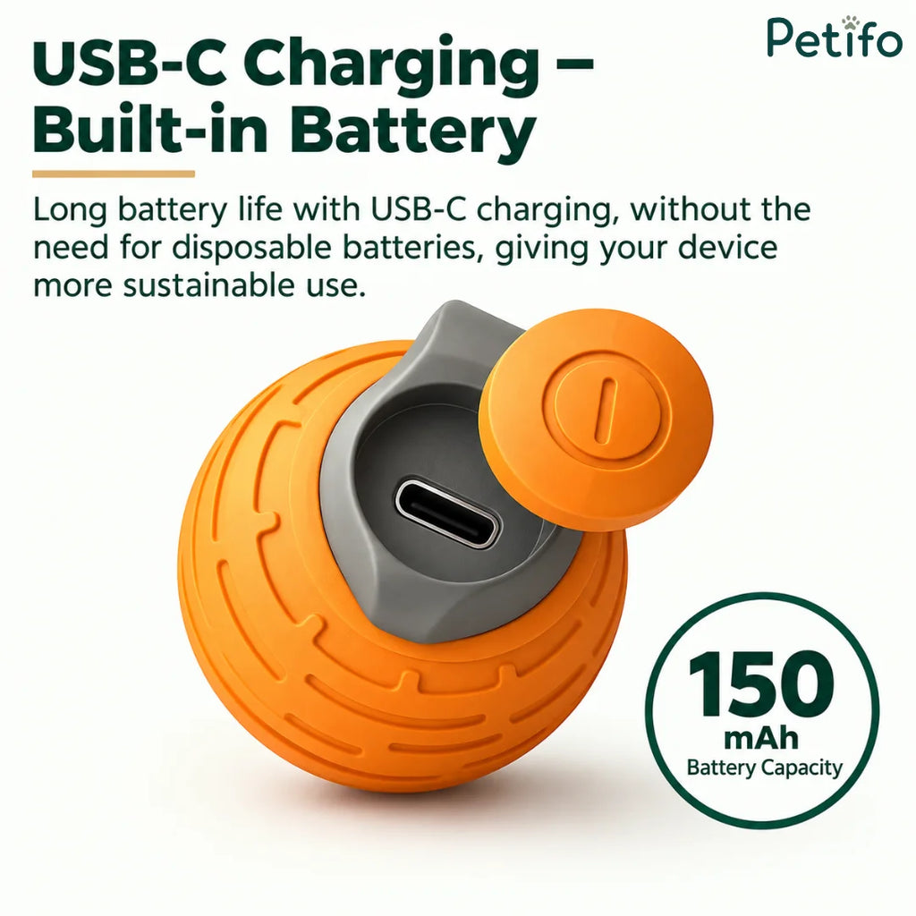 Close-up view of the USB-C rechargeable port and 150 mAh built-in battery on the smart cat ball.