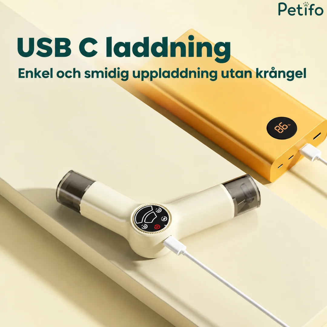 Convenient USB-C rechargeable pet grooming tool connected to a portable power bank for easy charging without hassle.