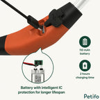 Close-up of a USB charging port on an orange glowing dog collar highlighting its 110 mAh battery and intelligent IC protection.