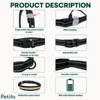 Detailed feature breakdown of the LED collar highlighting its power button, USB charging, sturdy buckle, adjustable size, metal D-ring, and 400 mAh battery.