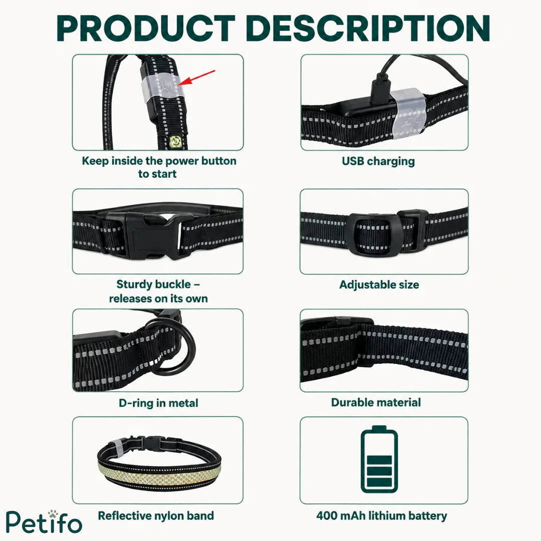 Detailed feature breakdown of the LED collar highlighting its power button, USB charging, sturdy buckle, adjustable size, metal D-ring, and 400 mAh battery.