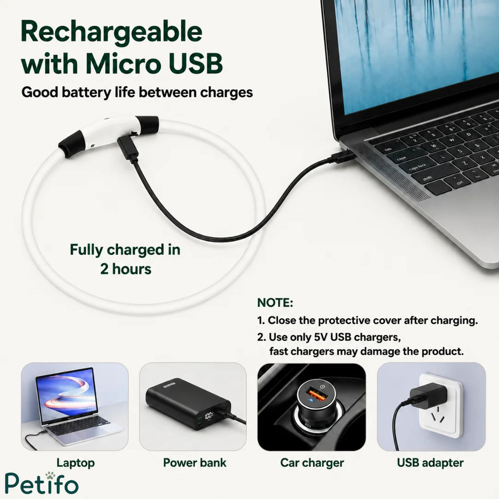 USB rechargeable glowing dog collar featuring charging instructions and compatible power sources.