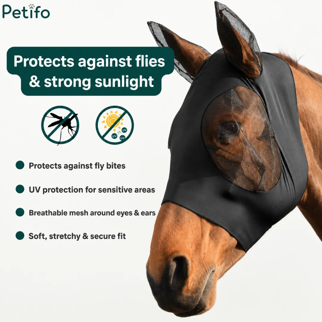 Infographic showing fly and UV protection features of the stretchy horse fly mask.