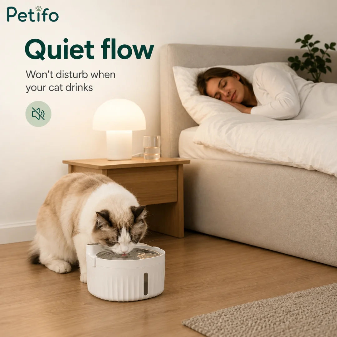 Ultra-quiet automatic cat water fountain operating silently beside a bed while a cat drinks at night