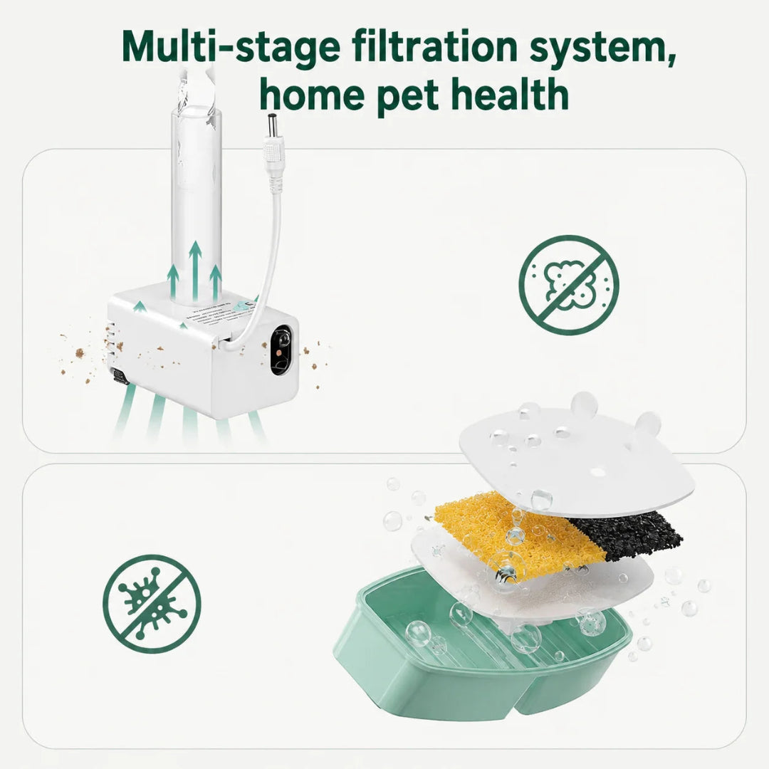 Infographic explaining a multi-stage pet fountain filtration system with an ultra-quiet water pump filtering hair and debris for pet health.