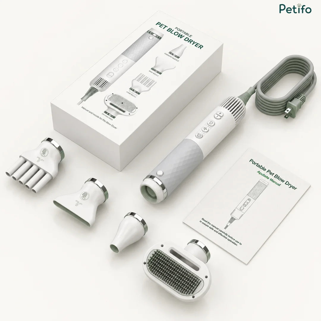 Unboxed Petifo portable pet blow dryer set including the main unit, retail packaging box, power cord, user manual, and four nozzles.