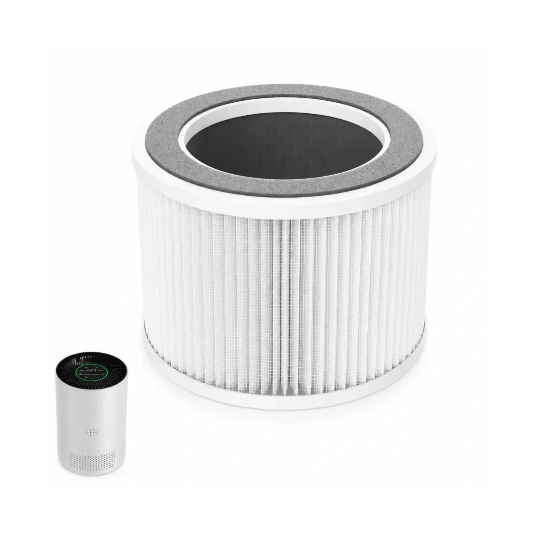 Chuboor air purifier unit shown alongside a single replacement HEPA filter cartridge.