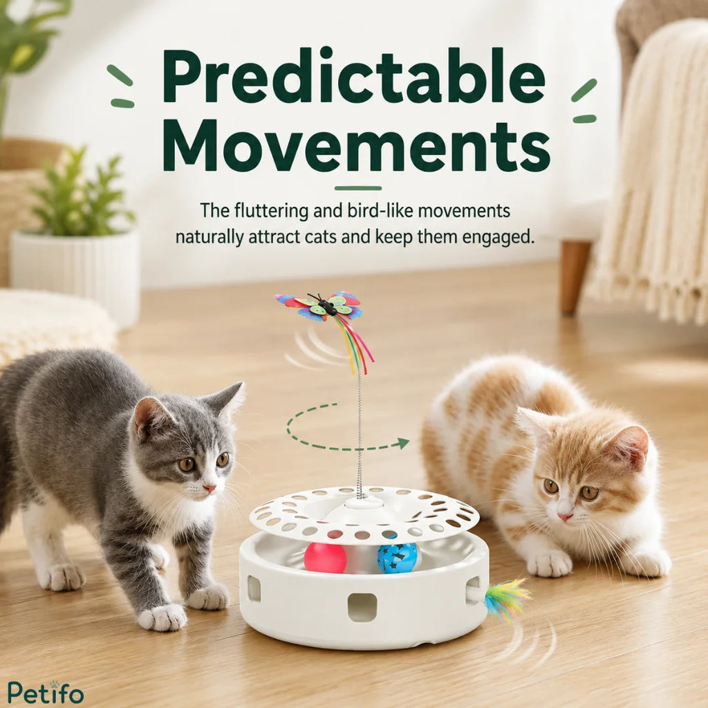 Two playful kittens engaged by the unpredictable flutter and bird-like movements of the rotating electronic butterfly toy.