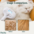 A usage comparison image showing a white Persian cat before and after grooming alongside the Petifo grooming brush.