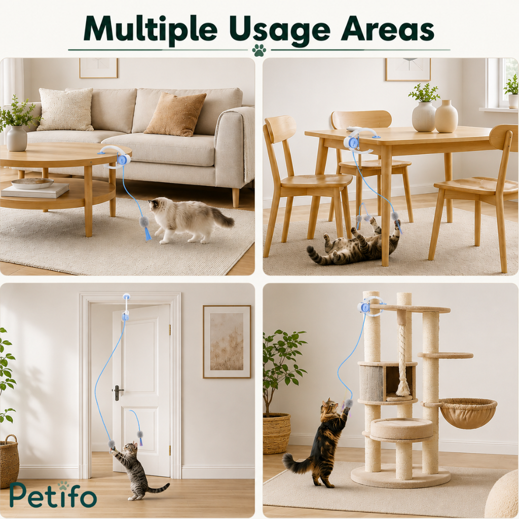 Multiple usage areas displaying the cat toy installed on tables, doorways, and cat trees.