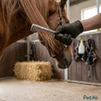 Equestrian using the metal pulling comb to braid and style a horse's mane.