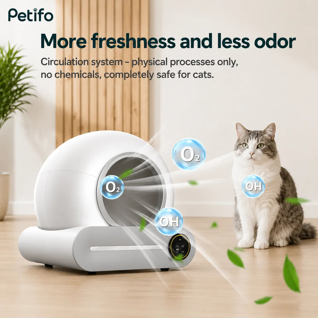 This smart cat litter box utilizes a chemical-free physical air circulation system to enhance freshness and neutralize odors.