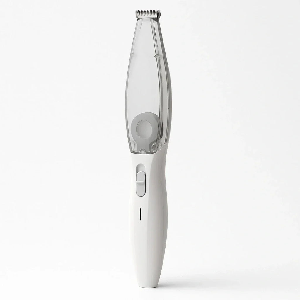 White pet hair trimmer with a built-in transparent vacuum chamber standing vertically against a white background.