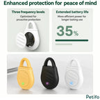 Three color variants of the ultrasonic tick repellent device highlighting three frequency levels and extended battery life.