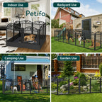 A collage showing the versatile Petifo metal dog playpen being used in various settings, including indoors, in the backyard, while camping, and in a garden.