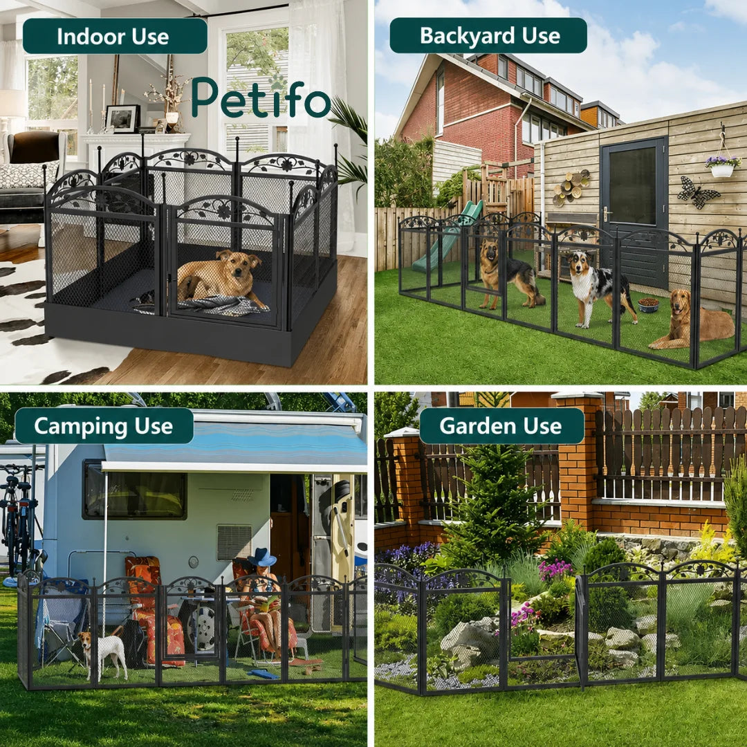A collage showing the versatile Petifo metal dog playpen being used in various settings, including indoors, in the backyard, while camping, and in a garden.