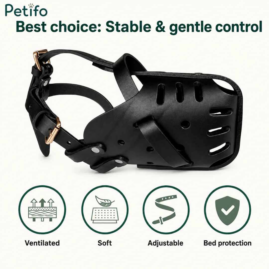 Ventilated and soft black leather dog muzzle highlighting adjustable and bed protection features.