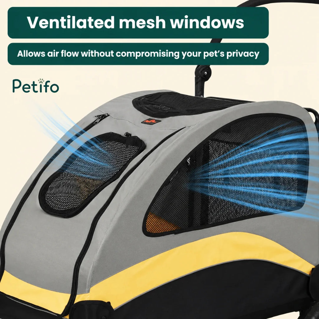Close-up of the ventilated mesh windows on a grey and yellow pet stroller demonstrating optimal air flow