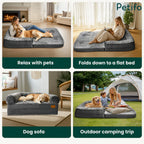 Versatile dog sofa bed shown in multiple scenarios, including relaxing indoors, folded flat for lounging, and used during outdoor camping trips.