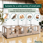 Versatile wooden indoor playpen suitable for various small pets, including dogs, cats, rabbits, hedgehogs, and guinea pigs.