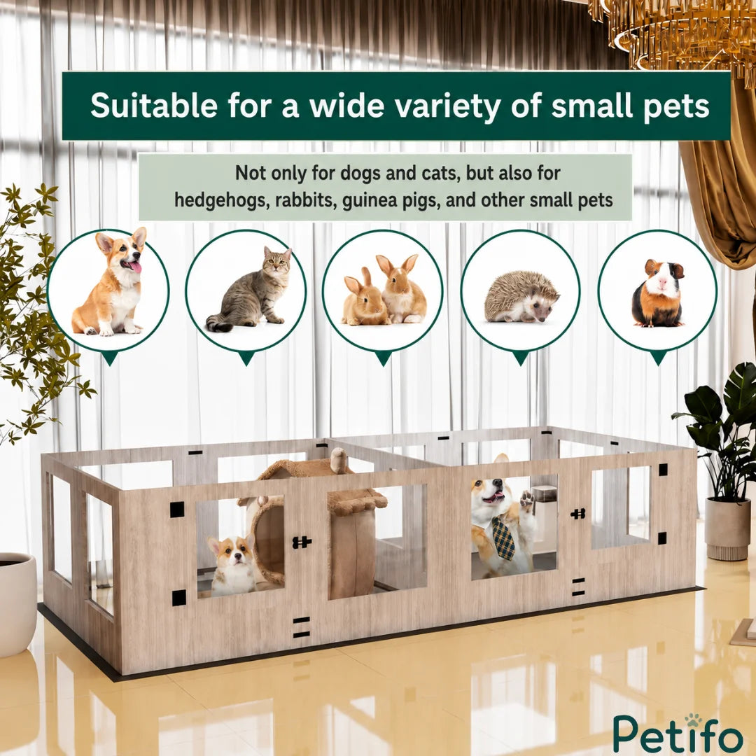 Versatile wooden indoor playpen suitable for various small pets, including dogs, cats, rabbits, hedgehogs, and guinea pigs.