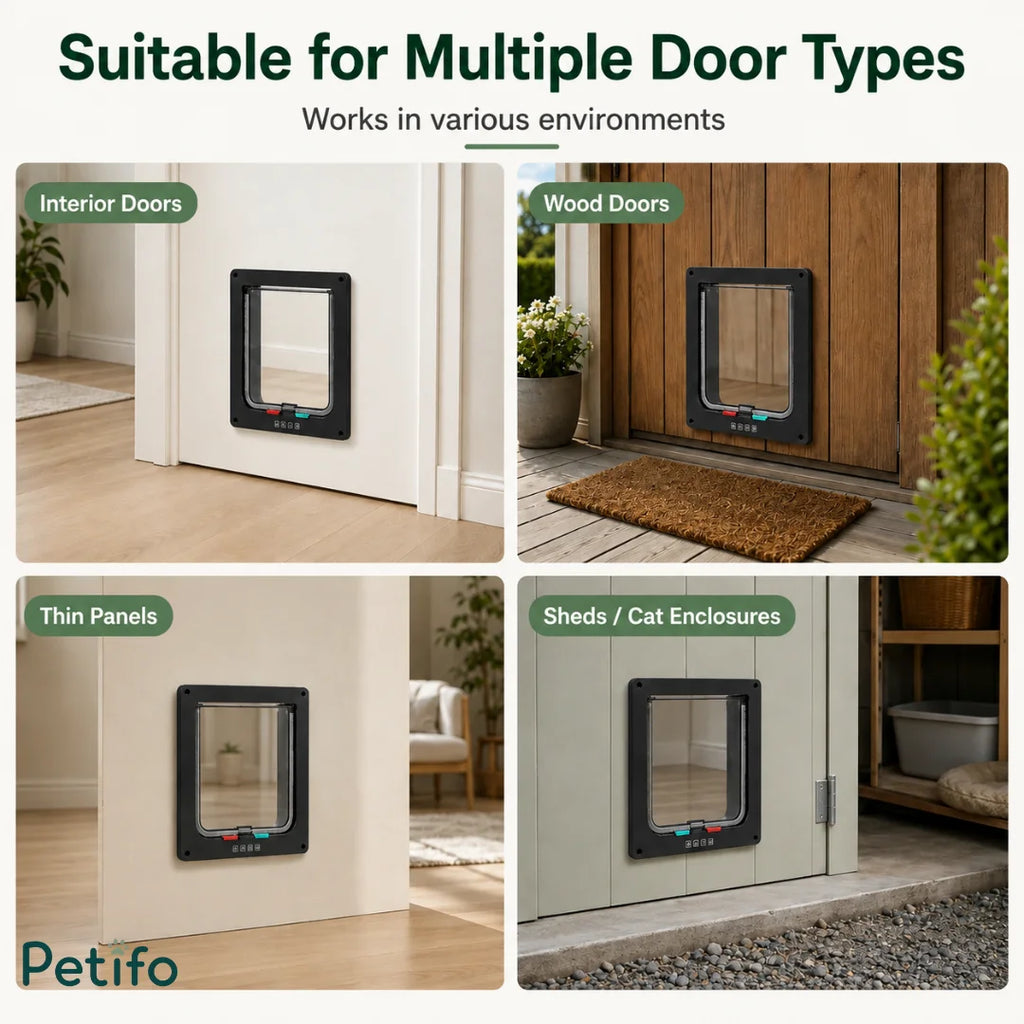 Four-panel display demonstrating the versatile pet door installed across different environments including interior doors, wood doors, thin panels, and sheds.